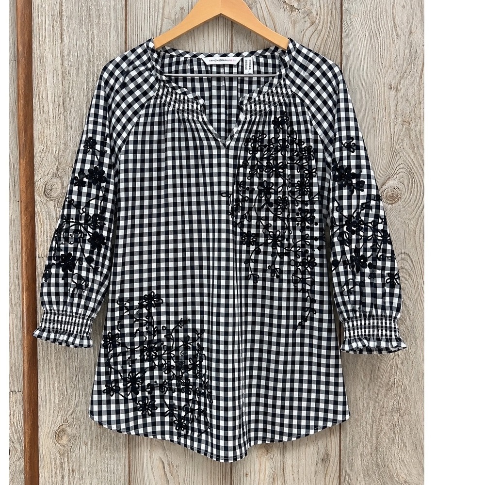 Isaac Mizrahi Live! Women 12 Black Gingham Floral Embroidered 3/4 Sleeve Top